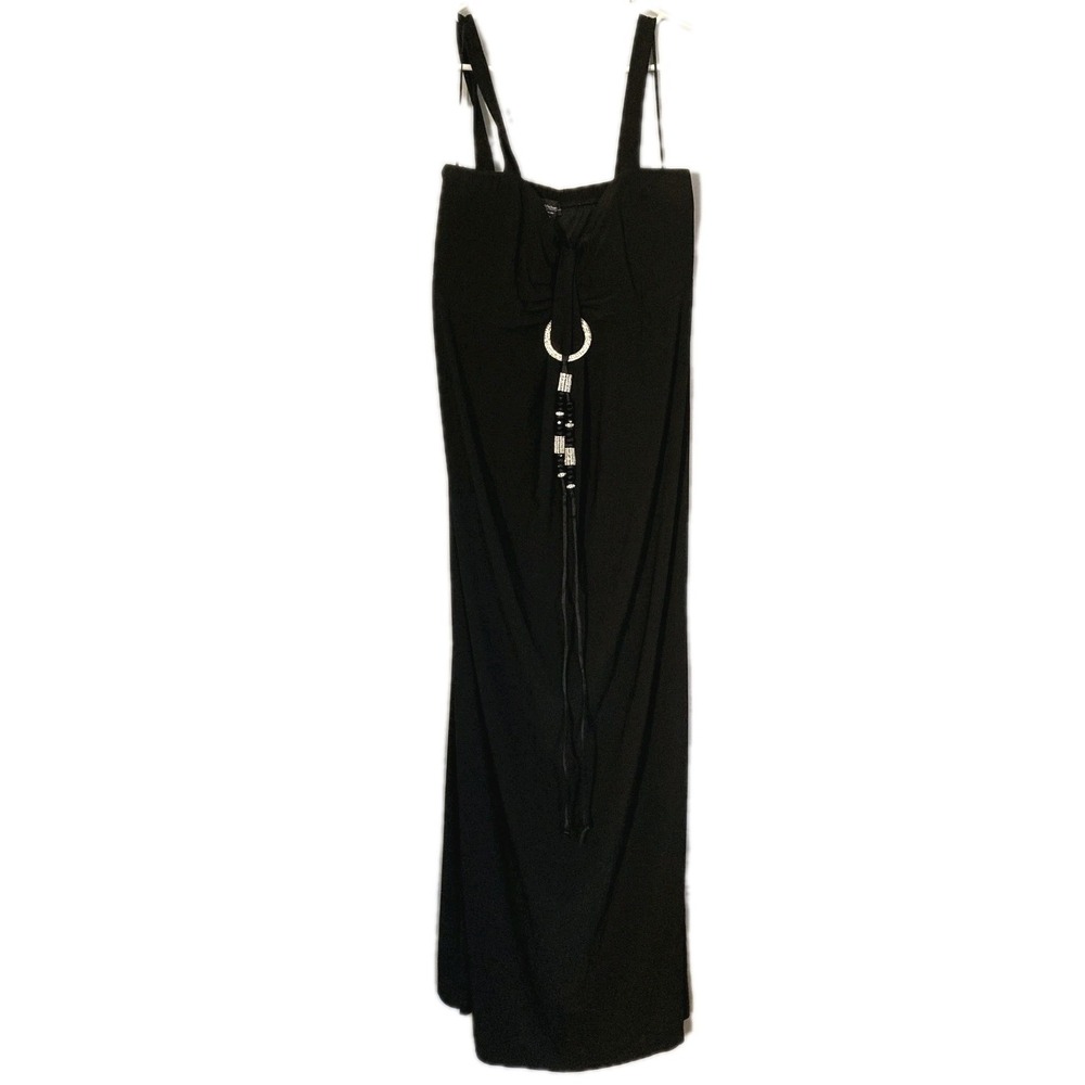 R&M Richards Dress Womens 16W Black Maxi Beaded Ring Tassel Evening Formal USA